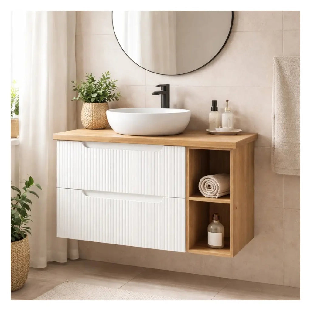 Set da bagno VANO bianco 80cm: mobile sottolavabo con cassetti e nicchie a vista + piano per lavabo effetto rovere c