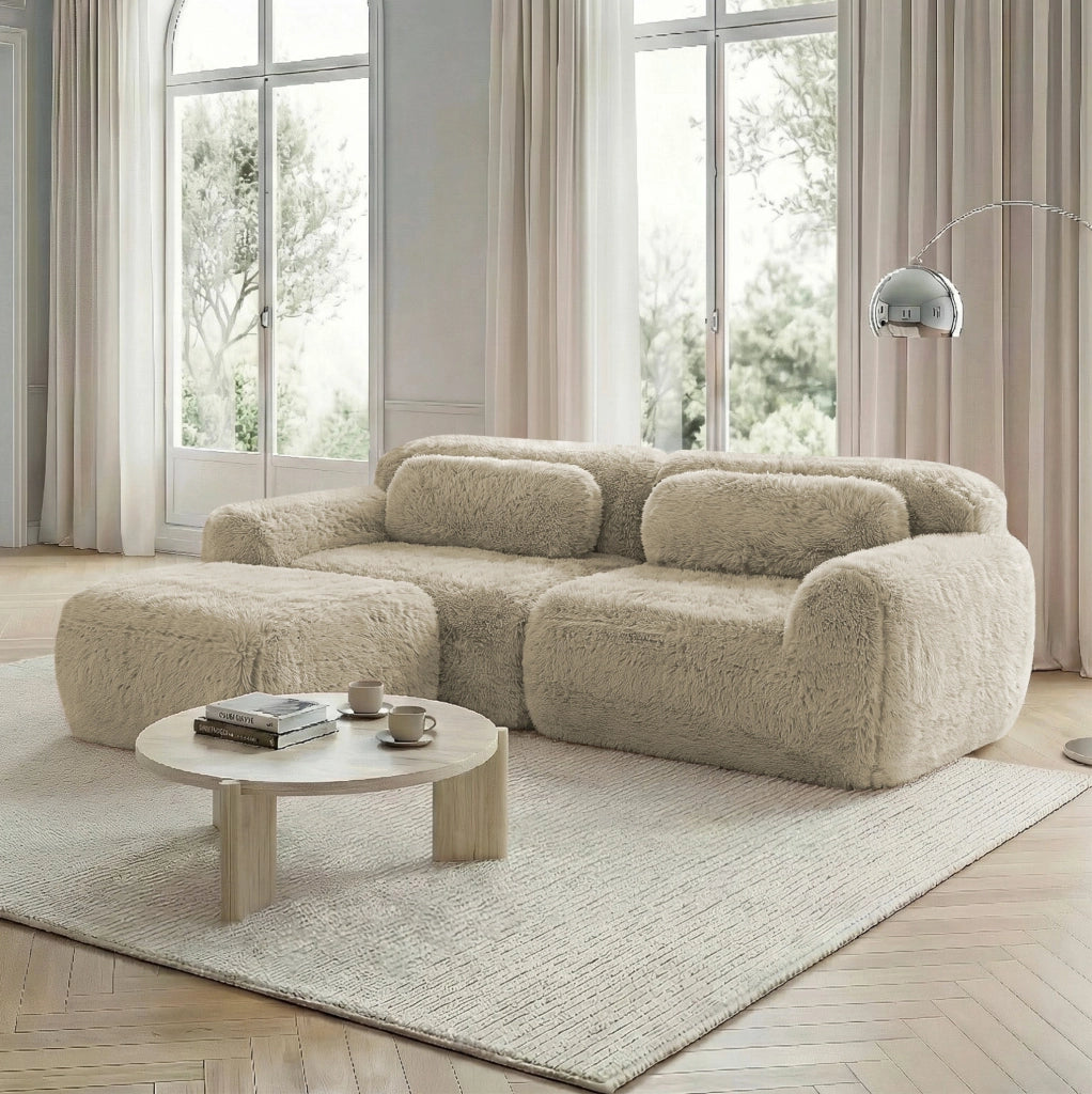 Divano angolare modulare 2 posti in tessuto peluche; 204x179x73 cm; Light Khaki