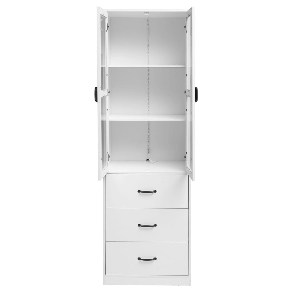 Vetrina Bianca 200 cm Mobile Vetrina con Luci LED e 3 Cassetti