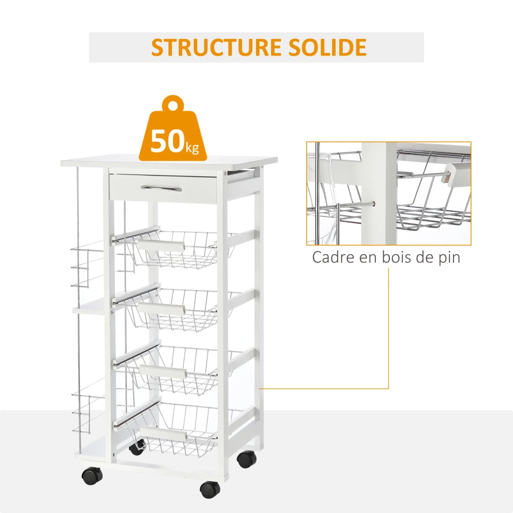 Mobile da cucina con ruote, cassetto, 4 cesti e ripiani laterali ¨C zephmum ¨C bianco 47x37x83 cm