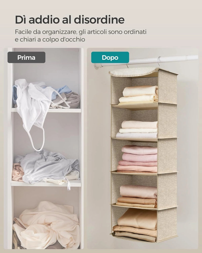 Set di 2 Portaoggetti da Appendere, Organizer Armadio da Appendere, Pieghevole e Salvaspazio, con Ganci in Metallo e Divisori Interni in Bambù, Stampa in Simil Lino, Beige Sabbia RCH005Y02