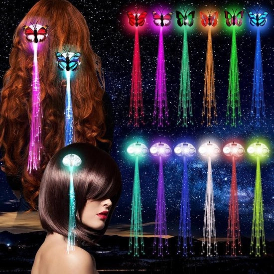 12 set di ciocche di capelli led che scintillano, ciocche di capelli led, regalo per compleanno dei bambini, ciocche di capelli, clip colorate, clip farfalla per ciocche di capelli led, regali per festa neon in buio
