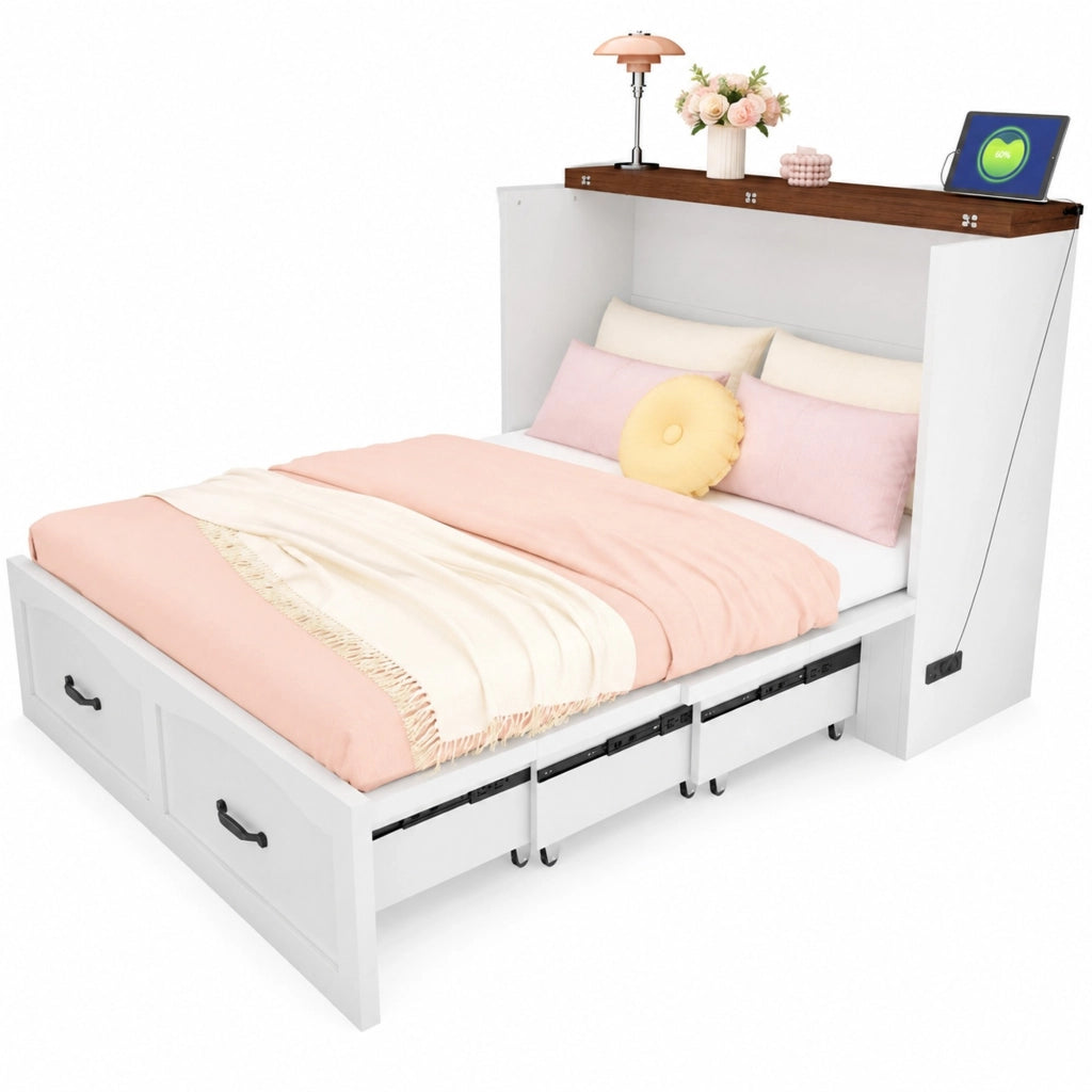 Letto a scomparsa pieghevole 140x200 cm con presa EU; bianco