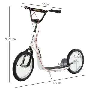 Monopattino Bambini 16" Bianco, Pneumatici ad Aria e Freno a Mano, Impermeabile e Pieghevole, da 5 Anni, 139x58x90-96 cm