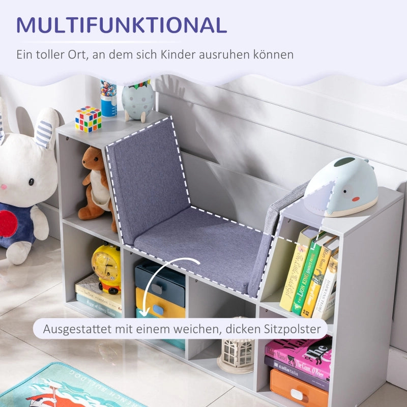 Libreria per bambini con sgabello, panca per bambini con 6 scomparti, cassapanca con 3 cuscini, contenitore per giocattoli, et¨¤ 3+, grigio, 103 x 30