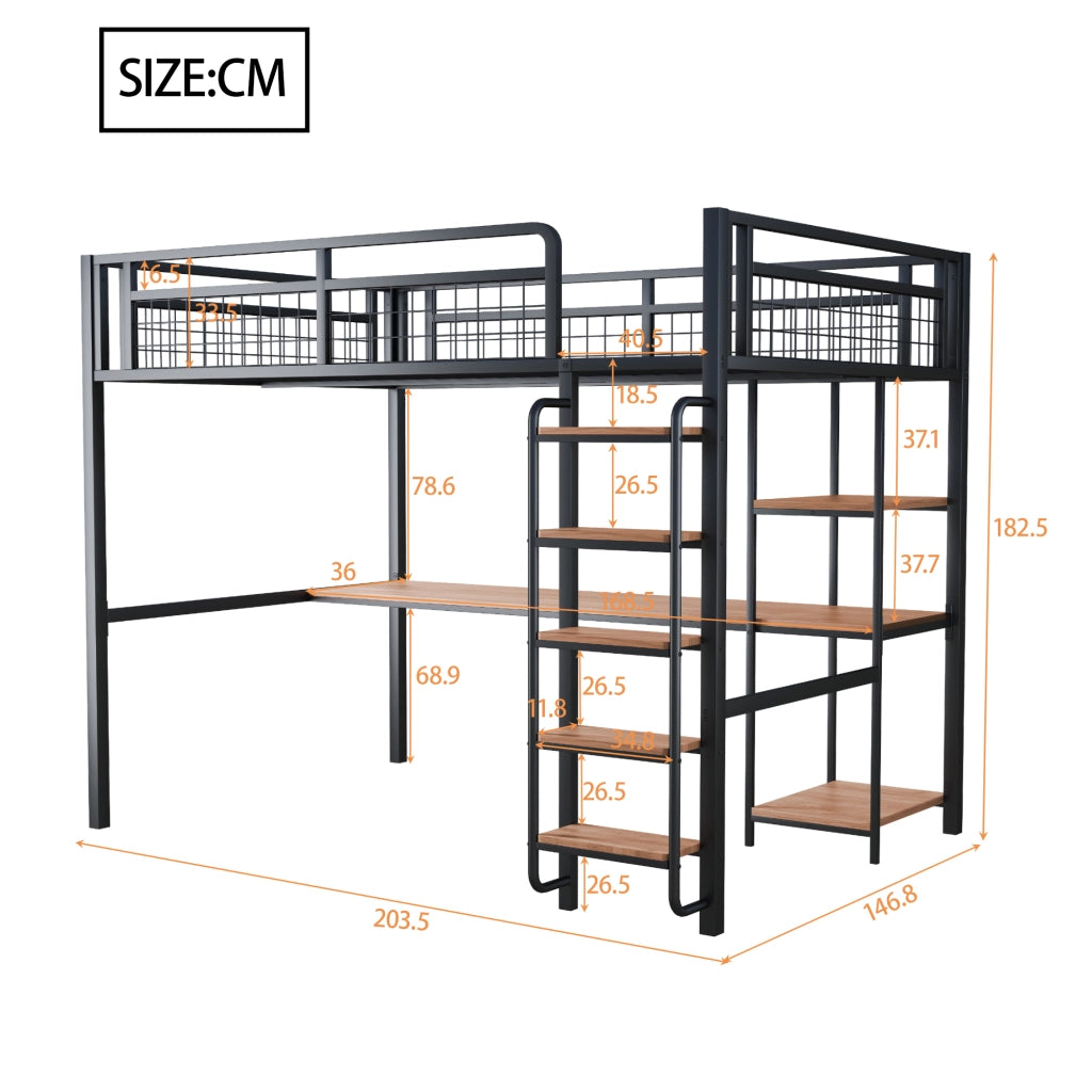 Letto a soppalco singolo 140×200 cm con scala; tavolo e ripiani; senza materasso; metallo; nero