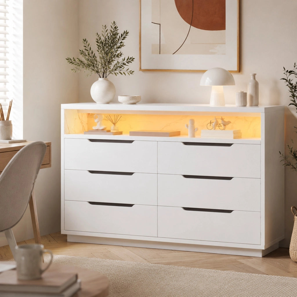 Credenza bianca a 6 cassetti con LED e vano effetto marmo