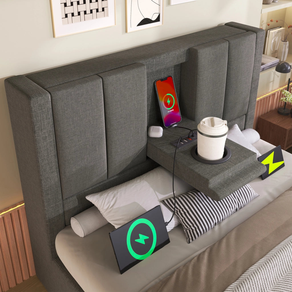 Letto imbottito 90x200 cm con materasso, contenitore e stazione di ricarica integrata