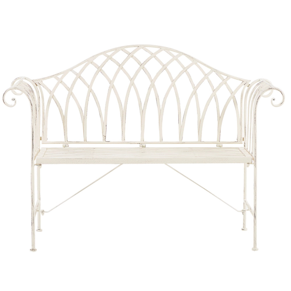 Panca da giardino per esterni in metallo bianco 2 posti 130 cm con braccioli svasati in stile vintage