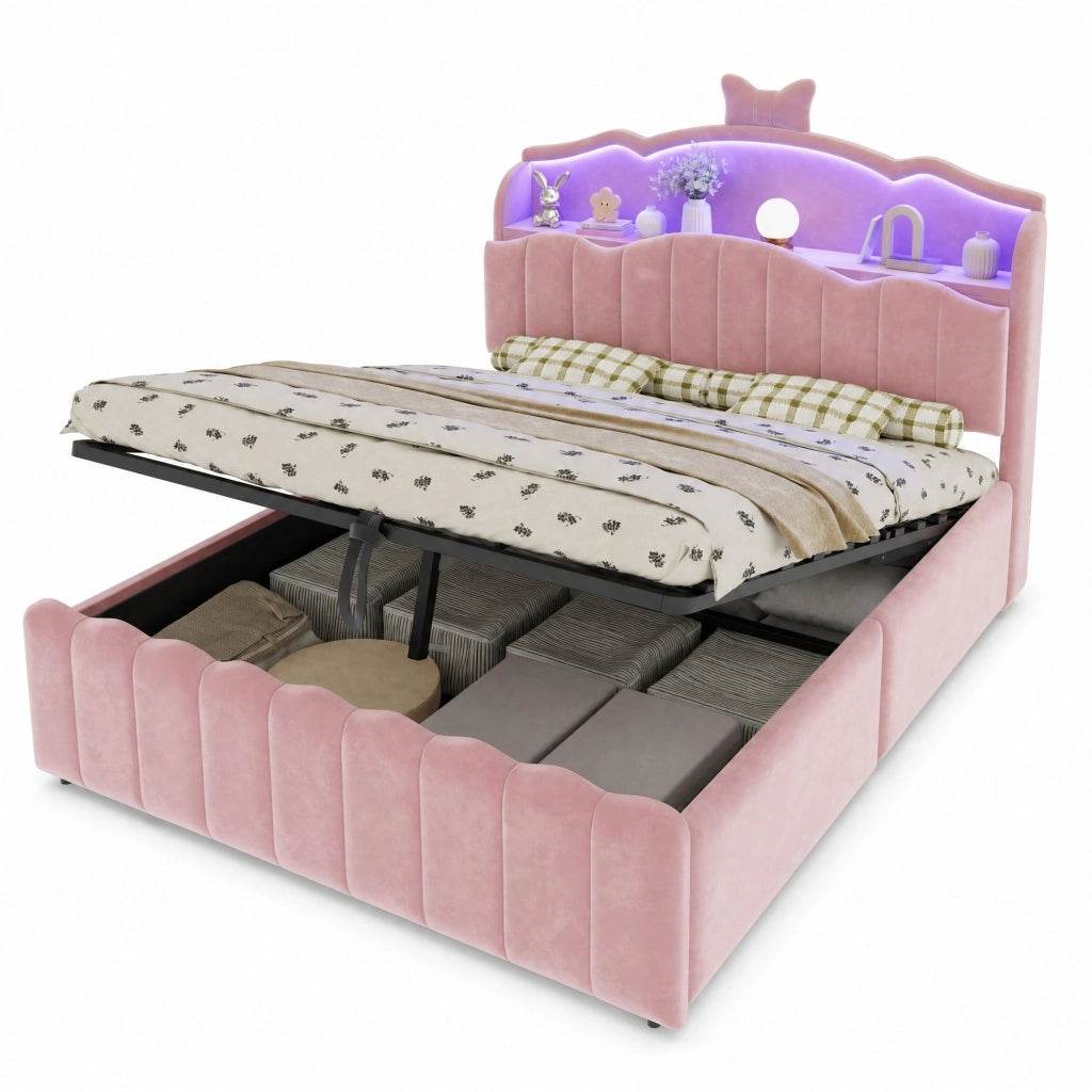 Letto per bambini imbottito 140x200 cm rosa con contenitore idraulico, testiera con LED RGB, USB e vani portaoggetti