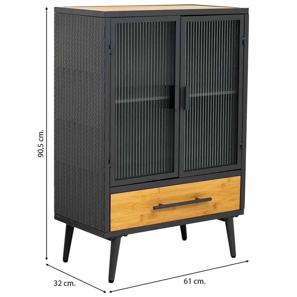 Vetrina in metallo, legno e vetro, 1 cassetto, nero, 61x32x90,5h cm