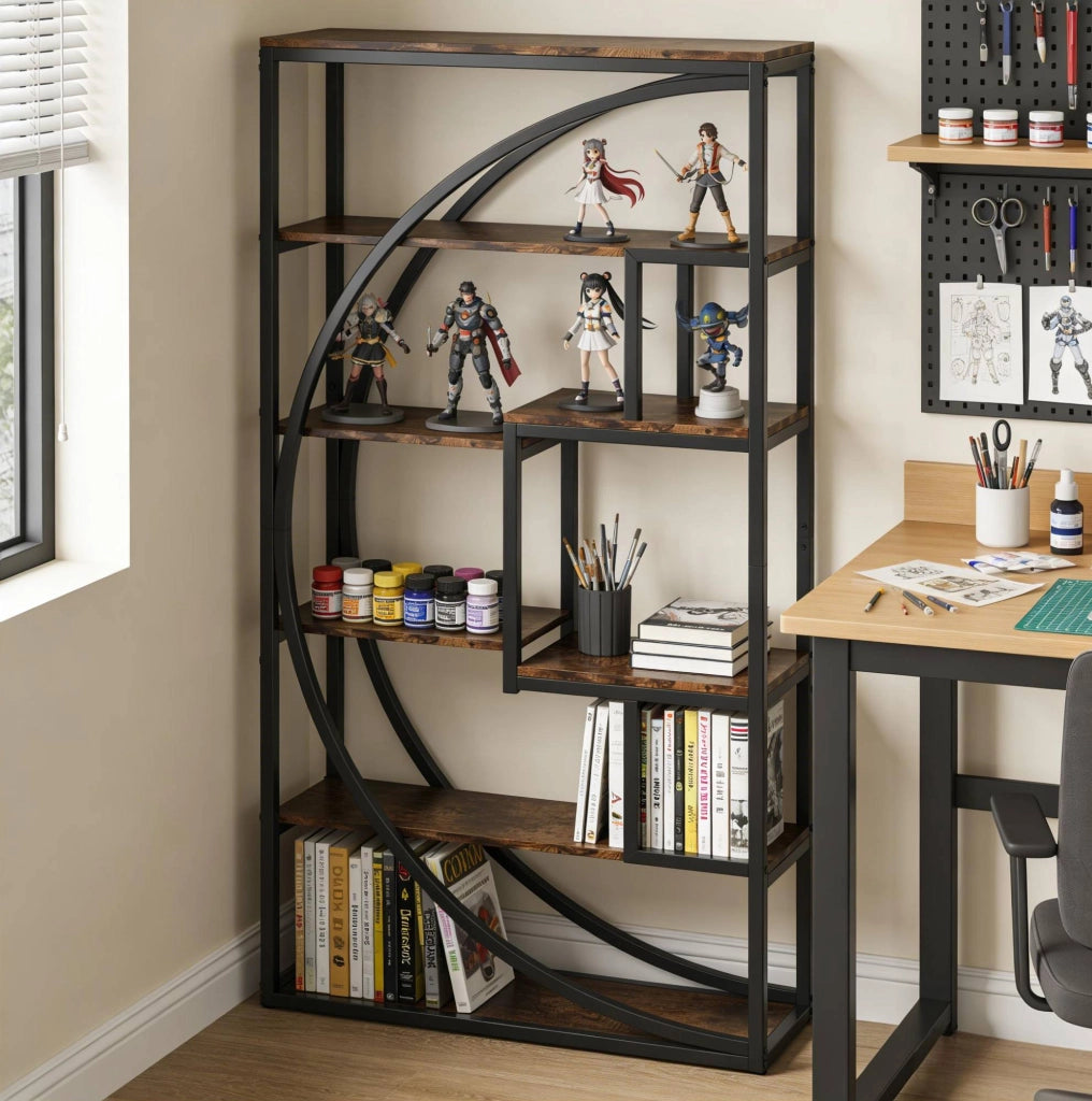 Libreria geometrica a 6 livelli in metallo nero e legno marrone rustico