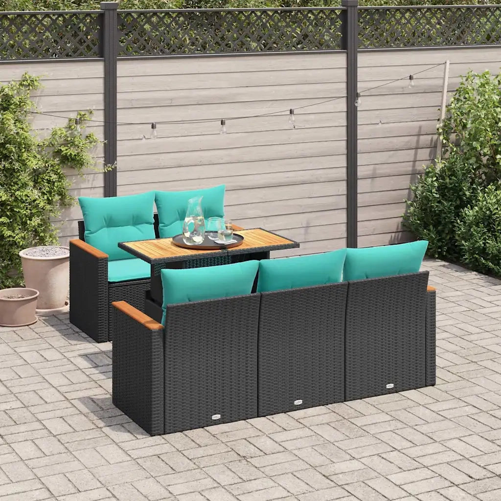 Set Divano da Giardino 6 pz con Cuscini Nero in Polyrattan