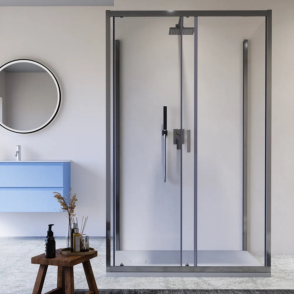 Box doccia cromato 3 lati 80x145x80cm con porta scorrevole e doppia parete fissa vetro 6mm trasparente h185cm | Madagascar