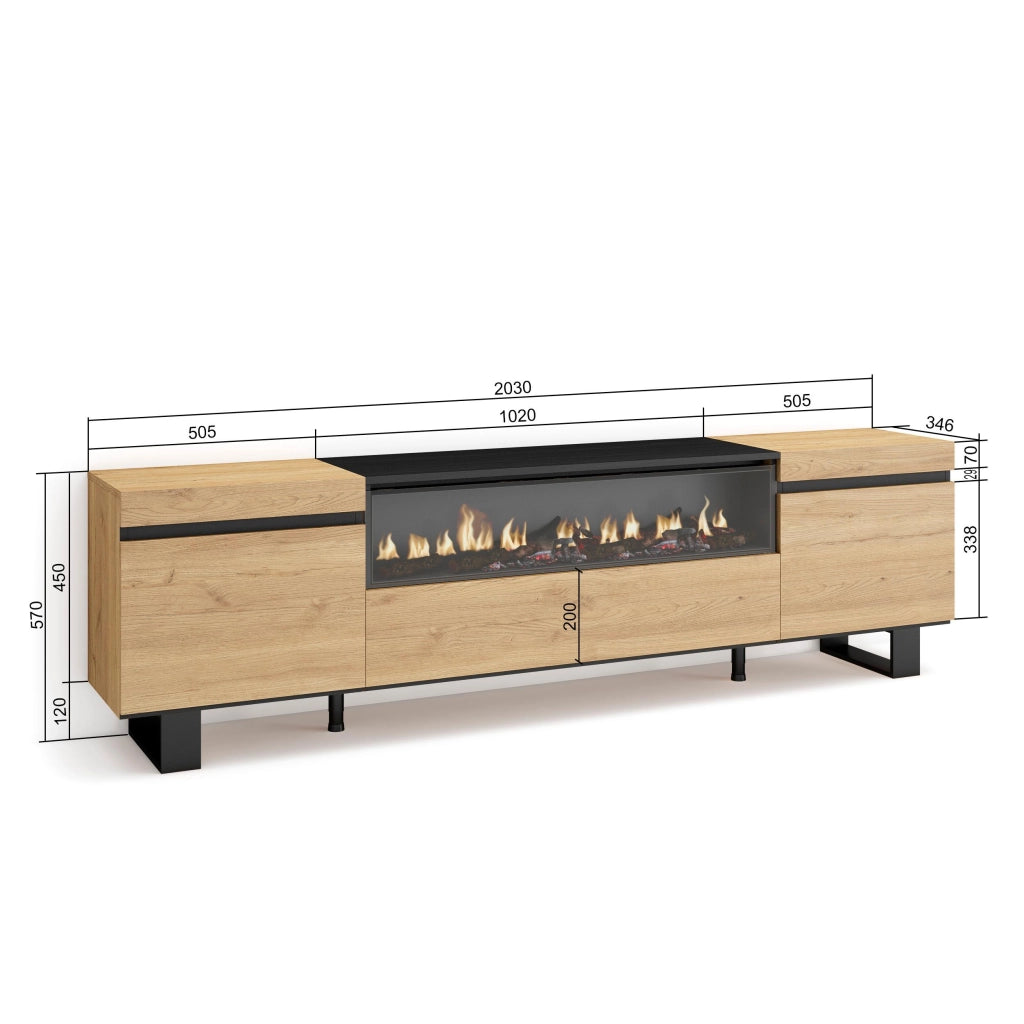 Mobile TV, 200x35x57cm, soggiorno, Per TV fino a 80", Camino elettrico, Design industriale, colore Rovere e nero RF2152