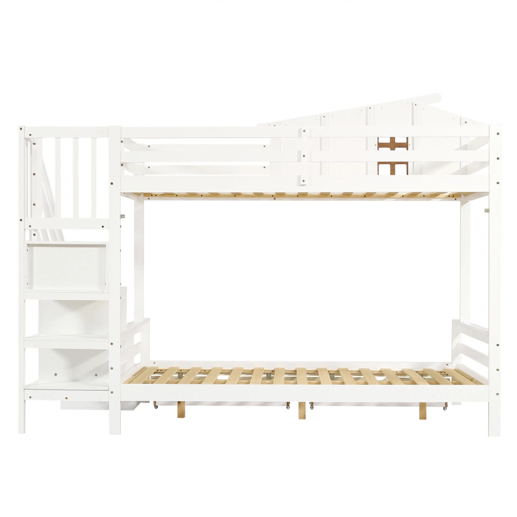 Letto a Castello 90 x 200 e 120 x 200 cm - 2 Cassetti; Scala Angolare - Bianco Naturale