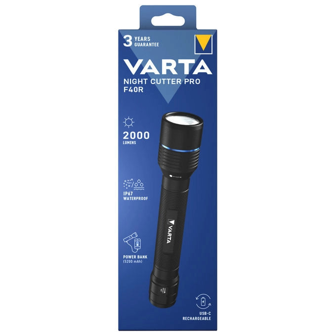 Varta Night Cutter Pro F40R, Torcia a Mano LED, Nero, 2000 lm, IP67