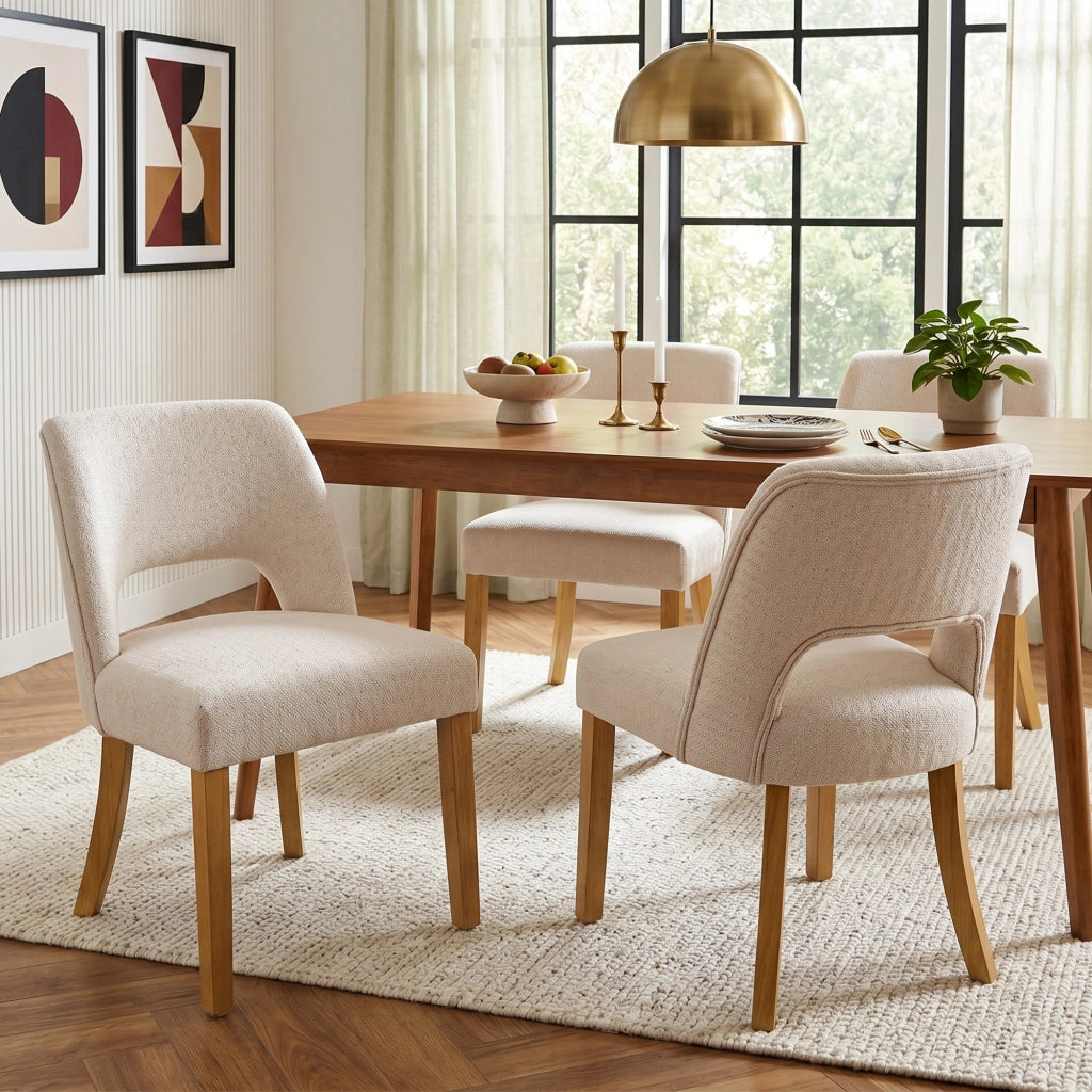 Sedie da Pranzo in Tessuto di Lino ¨C MINIMAL ¨C Gambe in Legno Massello, Beige, Set 2 Pezzi