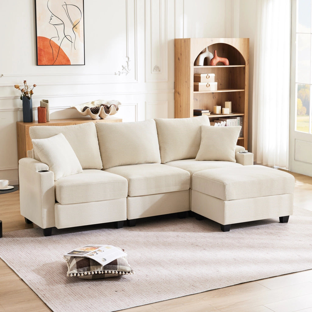 Divano angolare reversibile 3 posti con ricarica USB, ripiano bracciolo, 2 cuscini, velluto a coste Beige