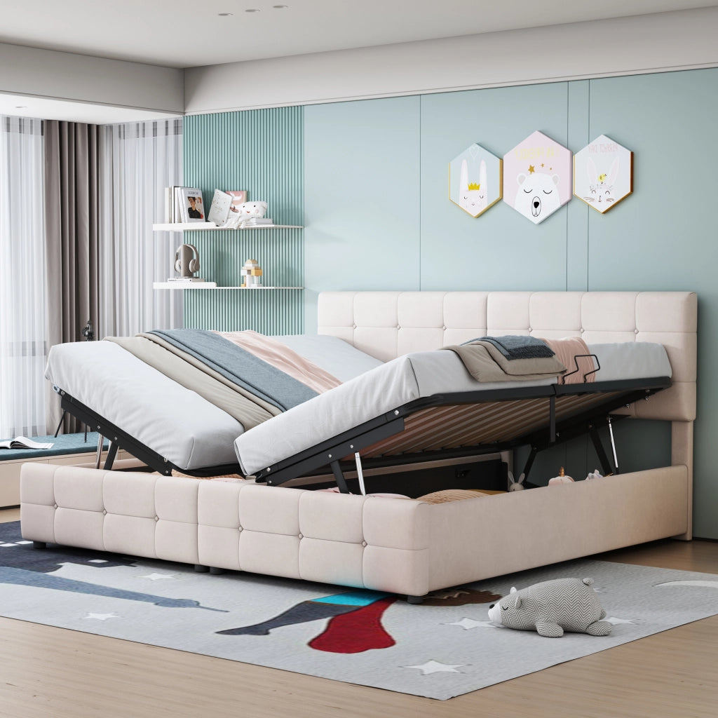 OKWISH Letto Contenitore 180×200 cm, Letto Matrimoniale con Sollevamento Idraulico, Testiera Regolabile e Convertibile, senza Materasso, Beige
