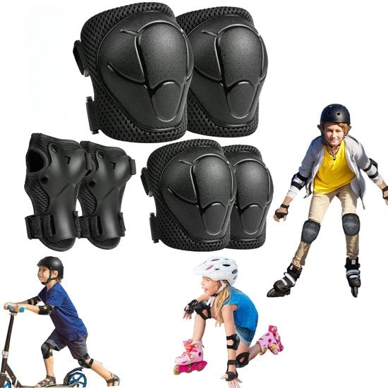 Set di protezione 6 pezzi - protezione per bambini per bicicletta - protezione per bambini per sci e pattini - per sci, pattini, bicicletta, corsa e escursione (protettori ginocchia, protettori caviglia, protettori polso - nero)