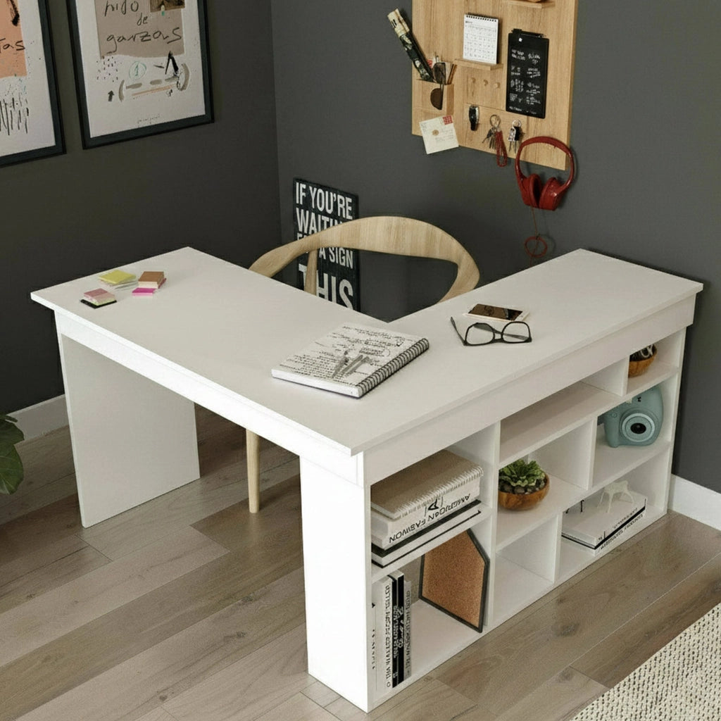Scrivania Altin, Scrittoio multiuso, Tavolo per ufficio porta PC, Piano di lavoro, 129x120h72 cm, Bianco