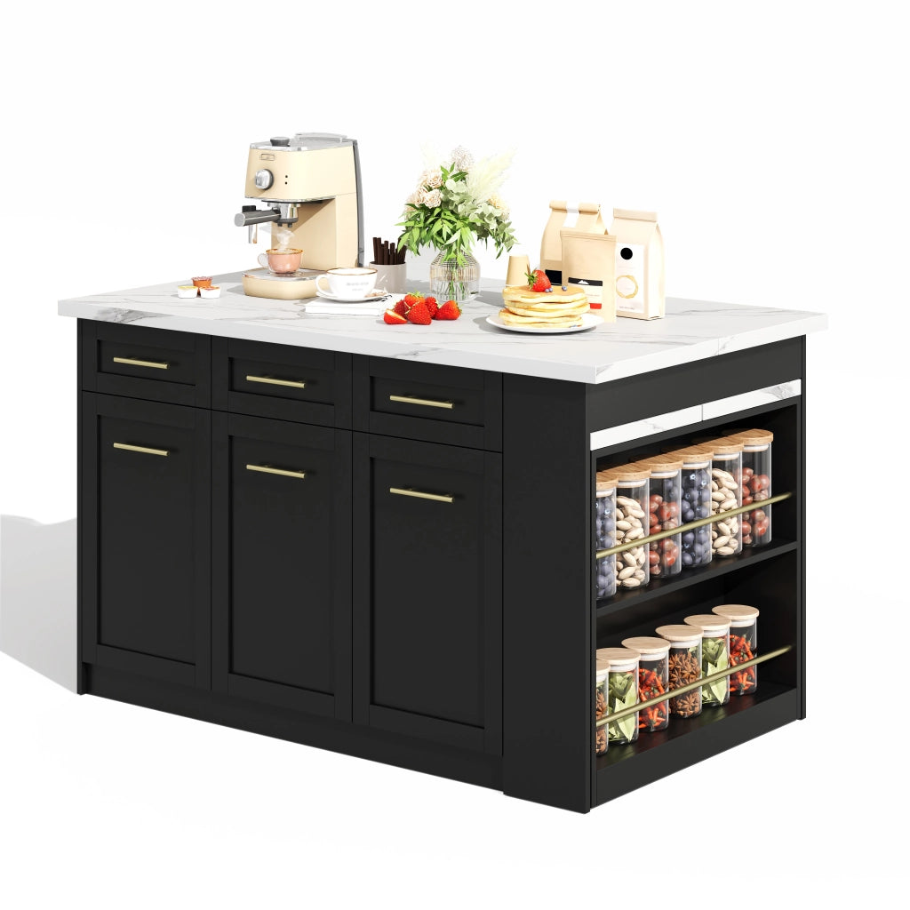 Isola da Cucina Nera 150/246x90x90 cm con Tavolo Estraibile 96 cm; Piano Effetto Marmo; 6 Cassetti e Ripiani