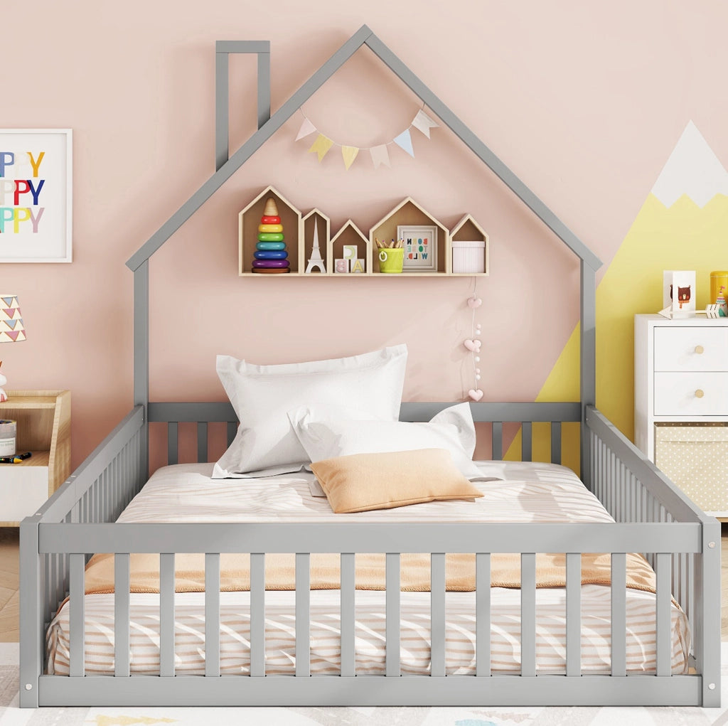 Letto per bambini a camino 140x200 cm grigio con rete