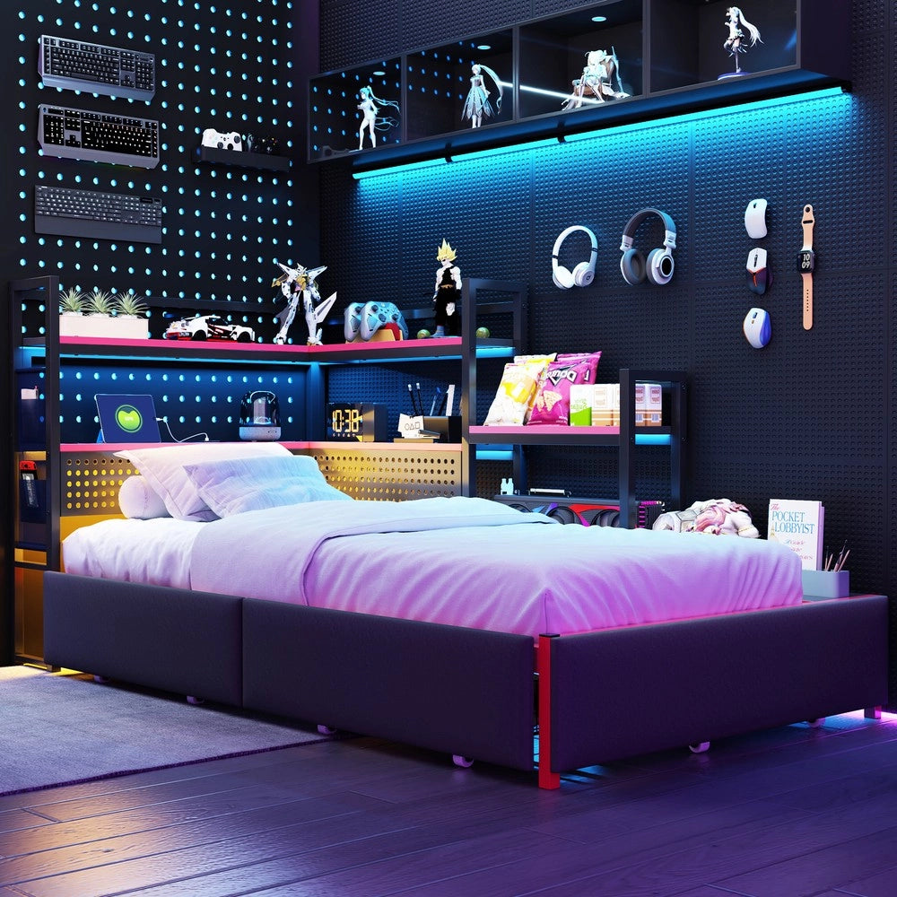 Letto Gaming con Cassetti, LED e Scaffali ¨C Xylo ¨C Metallo, Nero