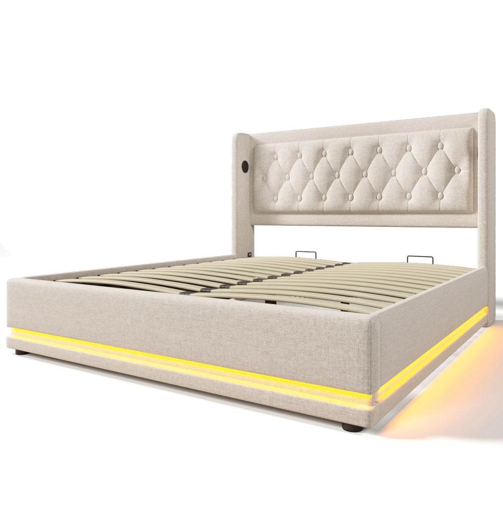 Letto contenitore 160x200 cm con materasso, LED, USB e USB-C in cotone beige