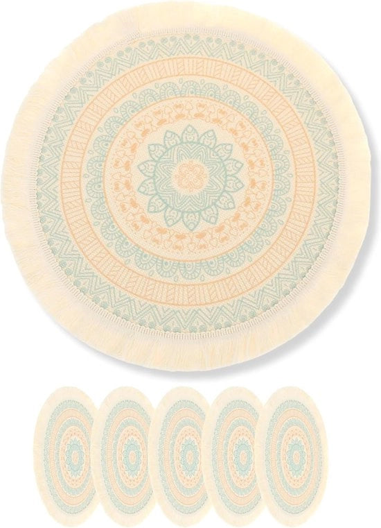 Set di 6 tovagliette, rotonde, 36 cm, decorazione boho, tessuto, tovaglietta, tavola da pranzo, azzurro