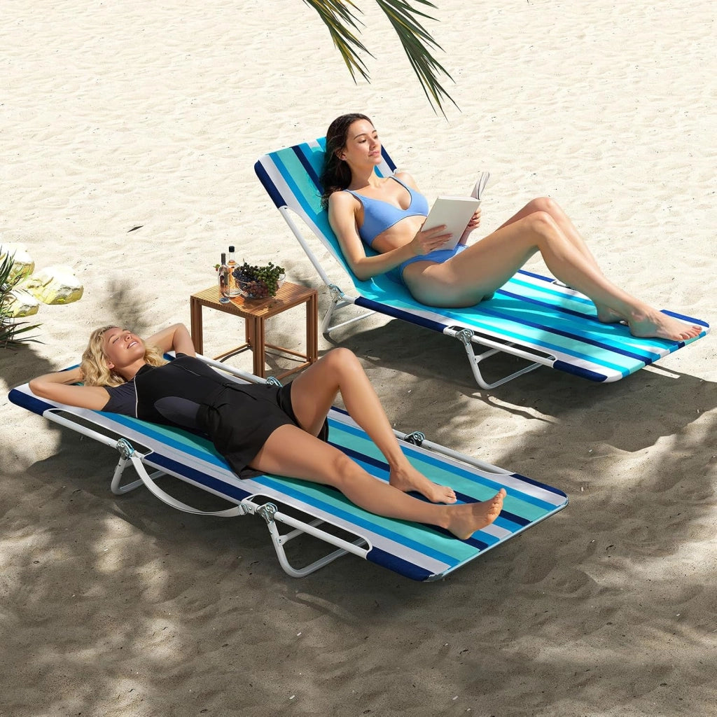 Set di 2 Lettino da Spiaggia Pieghevole, Sedia Reclinabile da Spiaggia a 5 Posizioni con Cinghia, Sedia a Sdraio Portatile da Campeggio Patio, Portata 150 kg (A Righe)