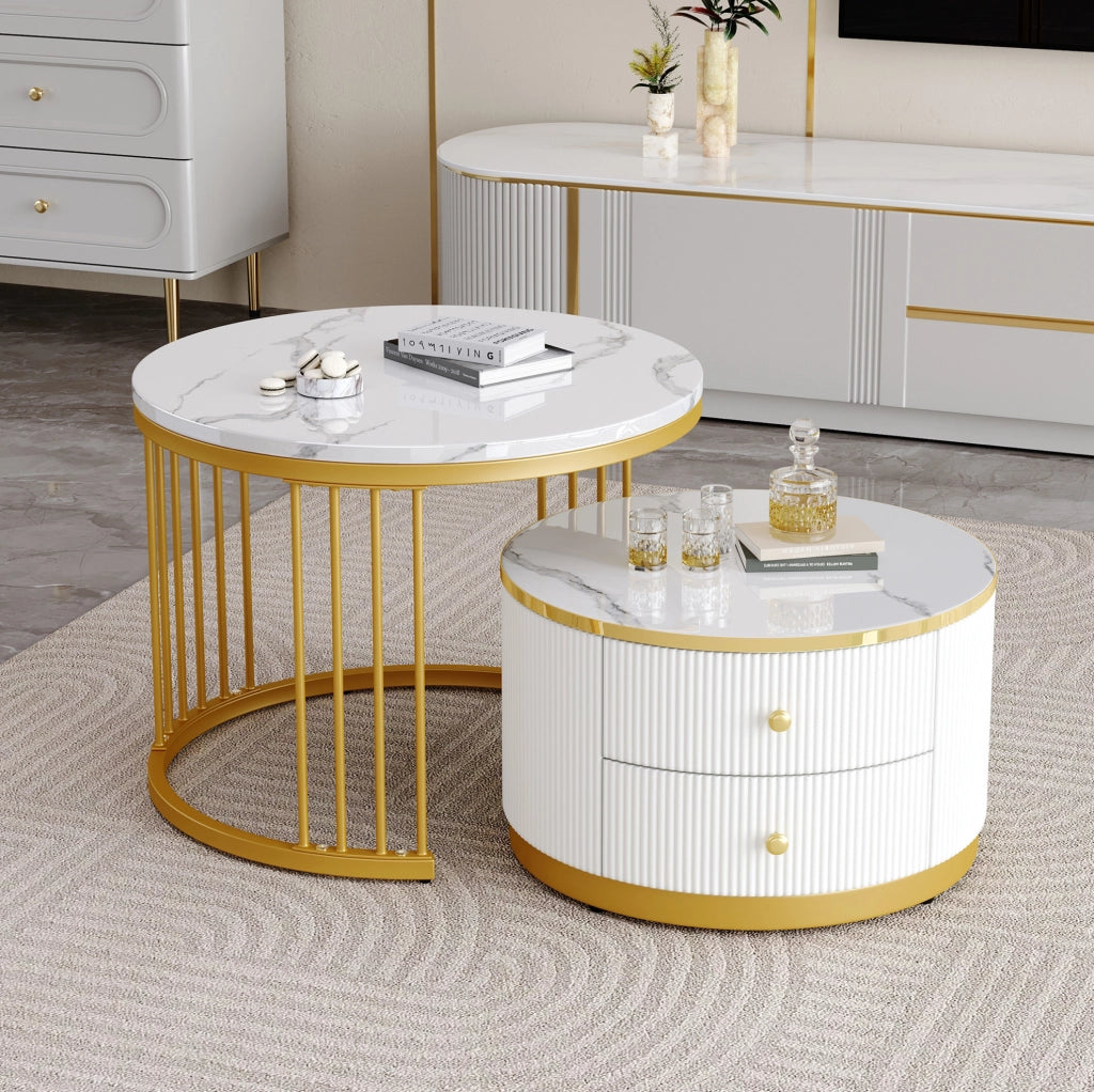 Set di 2 tavolini da caffè rotondi 60x60x45;5 cm e 50x50x32 cm; bianco lucido