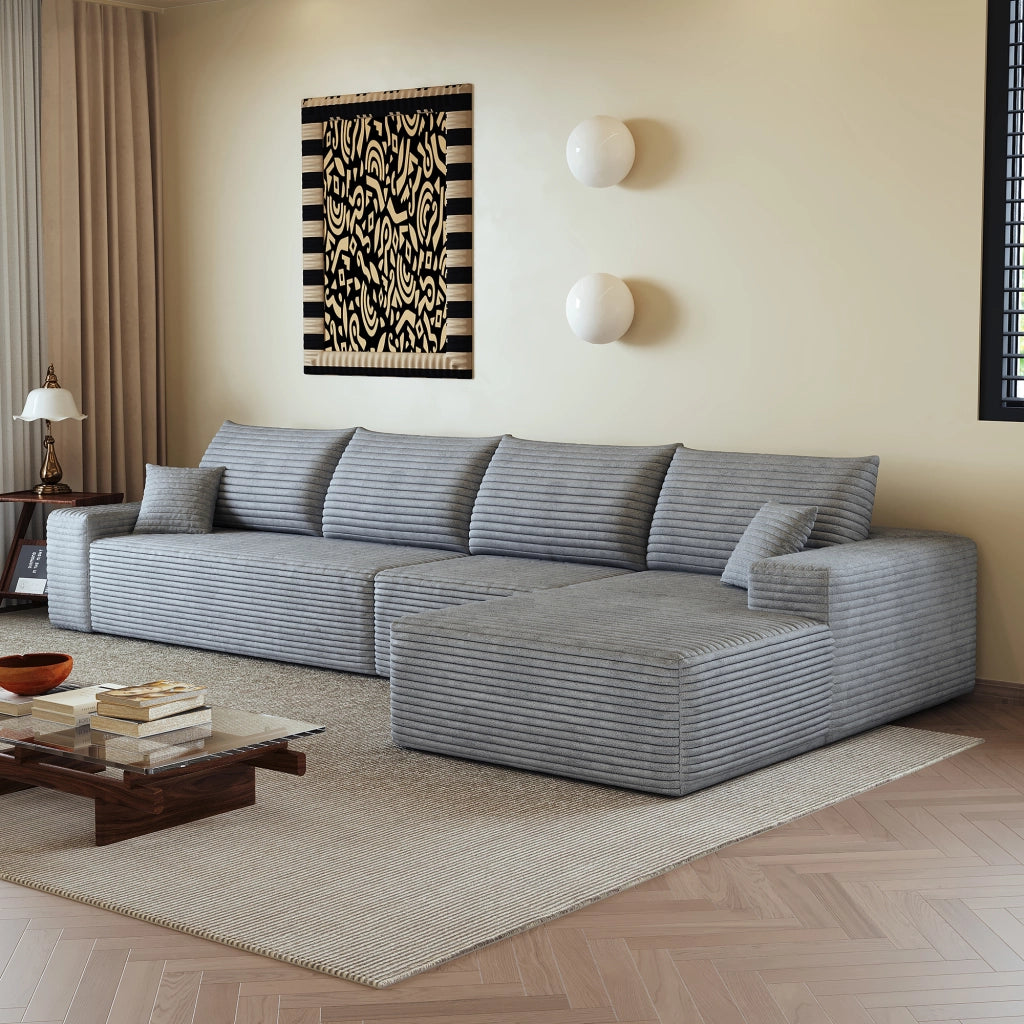 Divano angolare modulare con chaise longue a L schiuma ad alta elasticità tessuto a coste grigio per soggiorno