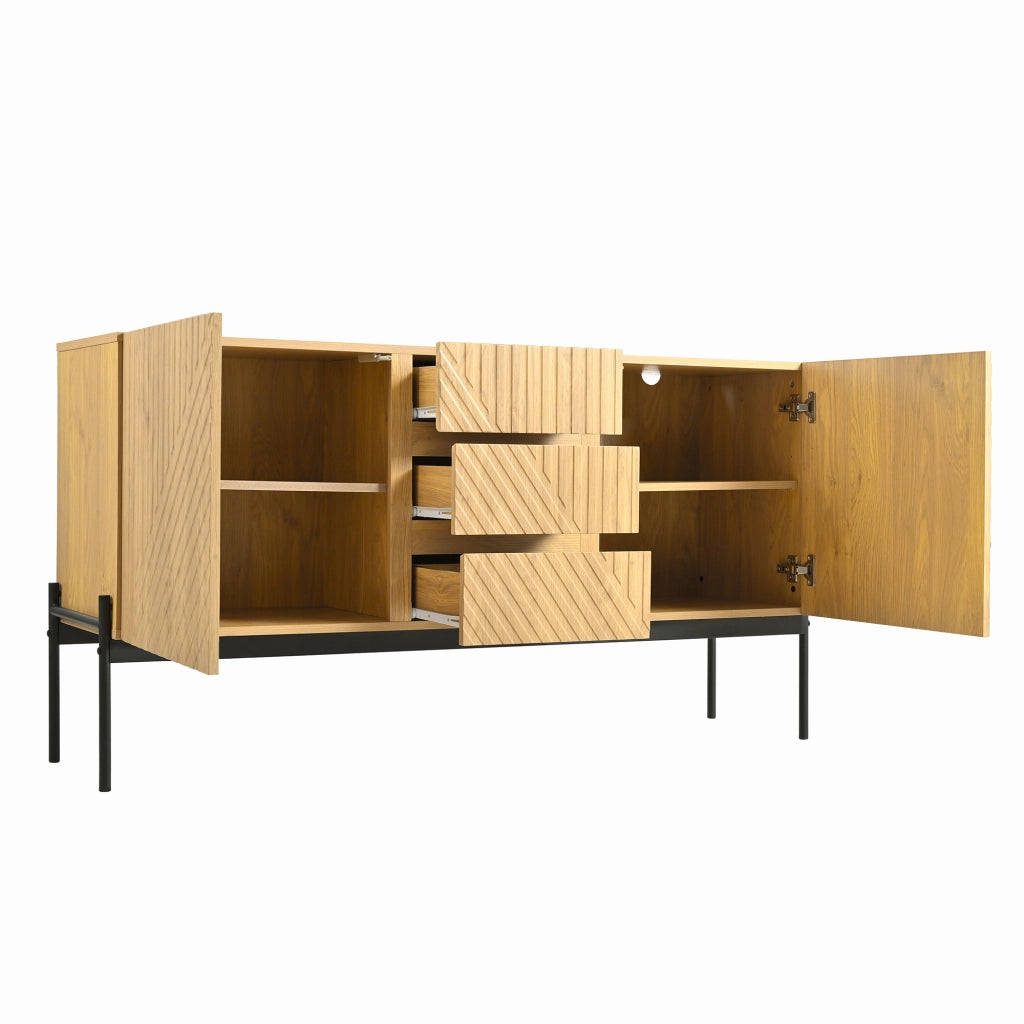 Sideboard moderno con 2 ante e 3 cassetti, struttura in truciolare con gambe in metallo, colore Natural, 140x40x75 cm
