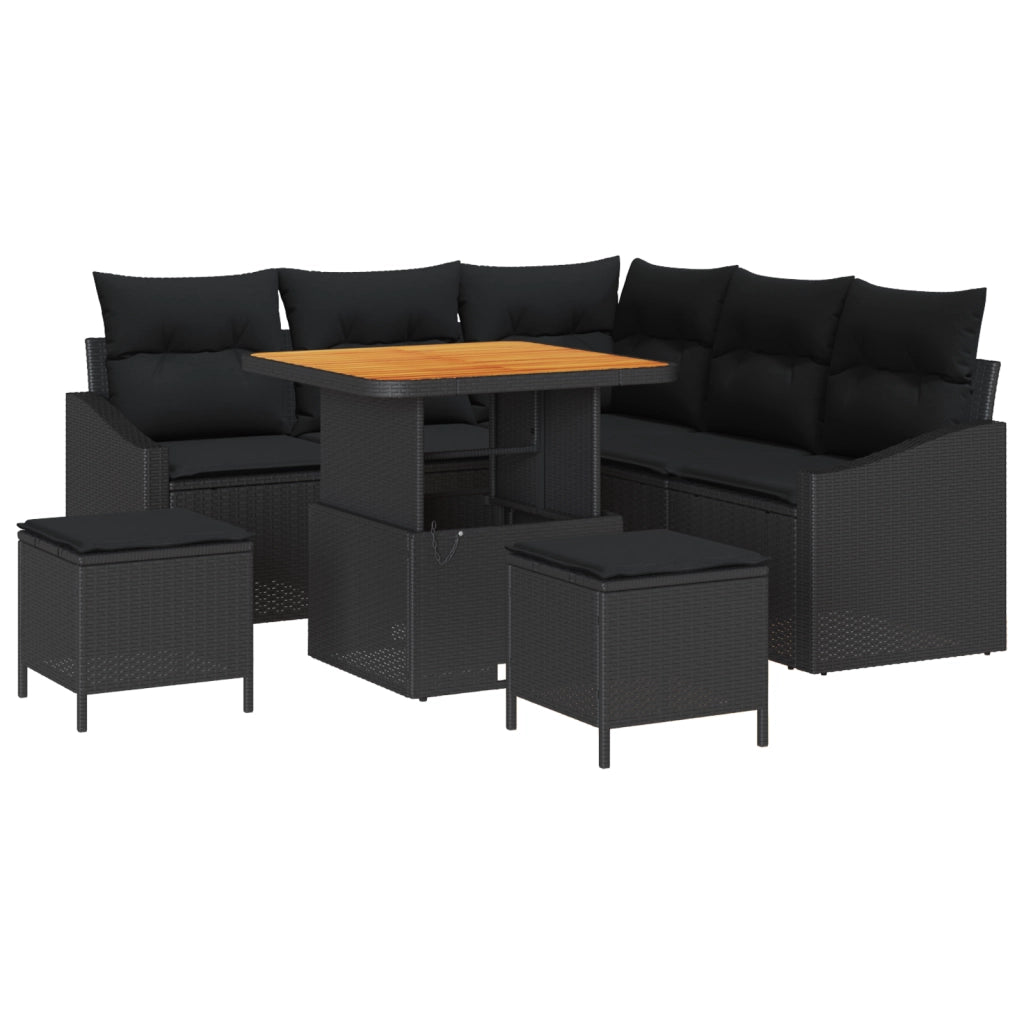 Set di Divani da Giardino 8 Pezzi con Cuscini Nero Polyrattan Acacia
