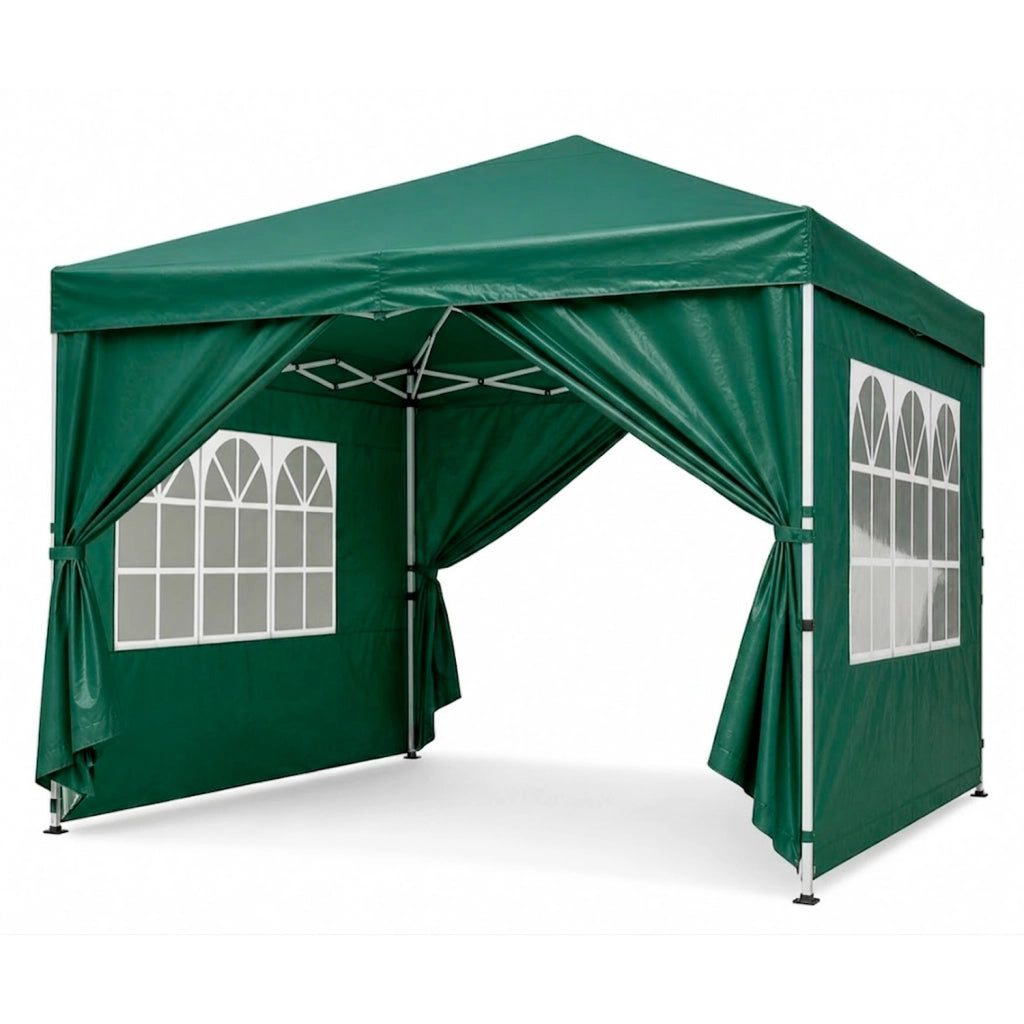 Gazebo Pieghevole Da Giardino Con Pareti Laterali E Finestre Trasparenti Sistema Pop Up Copertura Impermeabile UV50+ Telaio In Acciaio Per Eventi Outdoor 3 x 3 x 2.59 M Verde