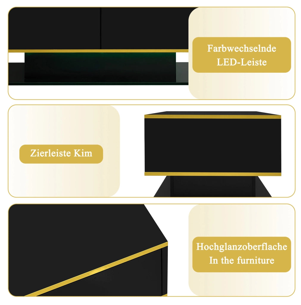 Tavolino da caffè moderno 100 x 50 x 40 cm nero lucido con LED; 3 cassetti e dettagli oro