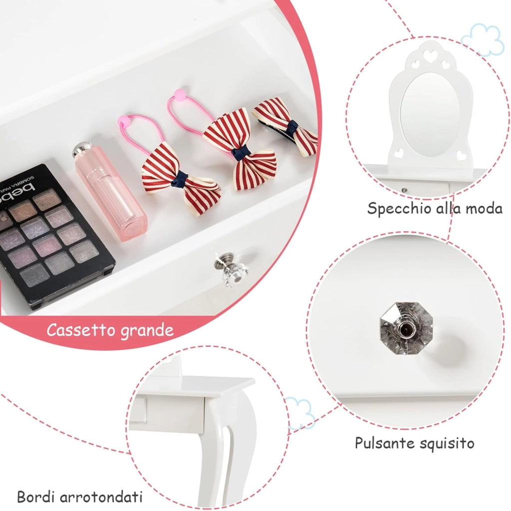 Toeletta Trucco per Bambina, Specchiera per Ragazzi in Legno Robusto, Postazione Trucco 2 in 1 con Cassetto, Sgabello e Specchio Staccabile, 70 x 34 x 105 cm (BIANCO)