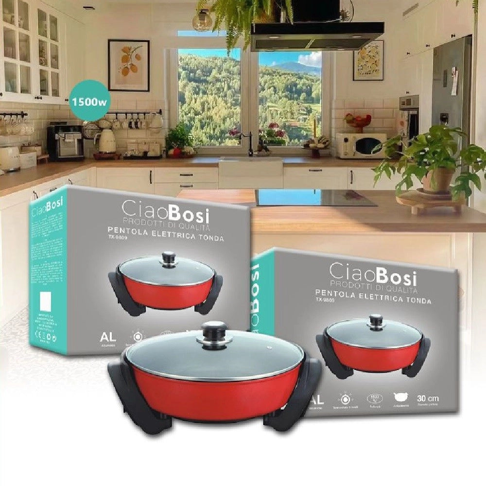 Trade Shop - Pentola Elettrica Padella Casseruola Tonda Antiaderente 30cm 1500w Cucina Tx-9809 -
