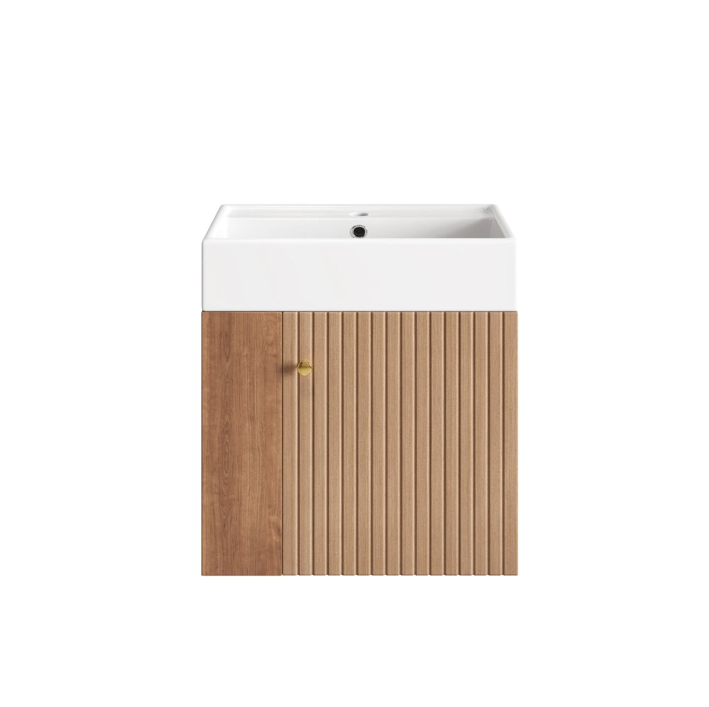 Mobile bagno ULEVR con lavabo in ceramica, vano contenitore e ripiani laterali, marrone