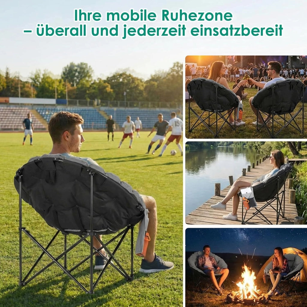 Sedia Pieghevole da Campeggio 150KG, Sedia da Campo Portatile, Moonchair imbottita XXL, con Poggiatesta, Tasca Laterale, borsa per il trasporto, per Giardino, Spiaggia, Trekking, Pesca, Grigio