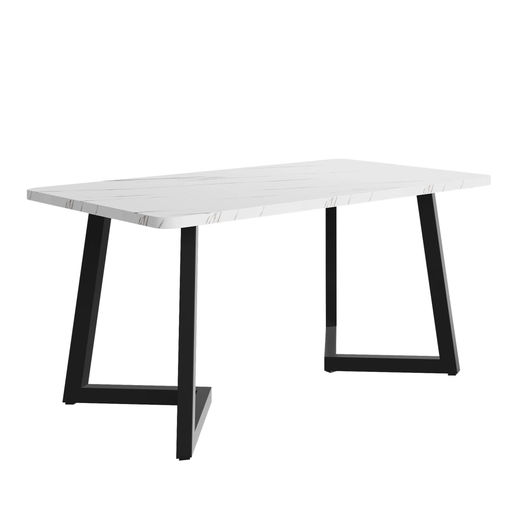 Tavolo da pranzo con piano effetto marmo e gambe in ferro nere, per soggiorno, in MDF, bianco e nero, 117 × 68 × 75 cm