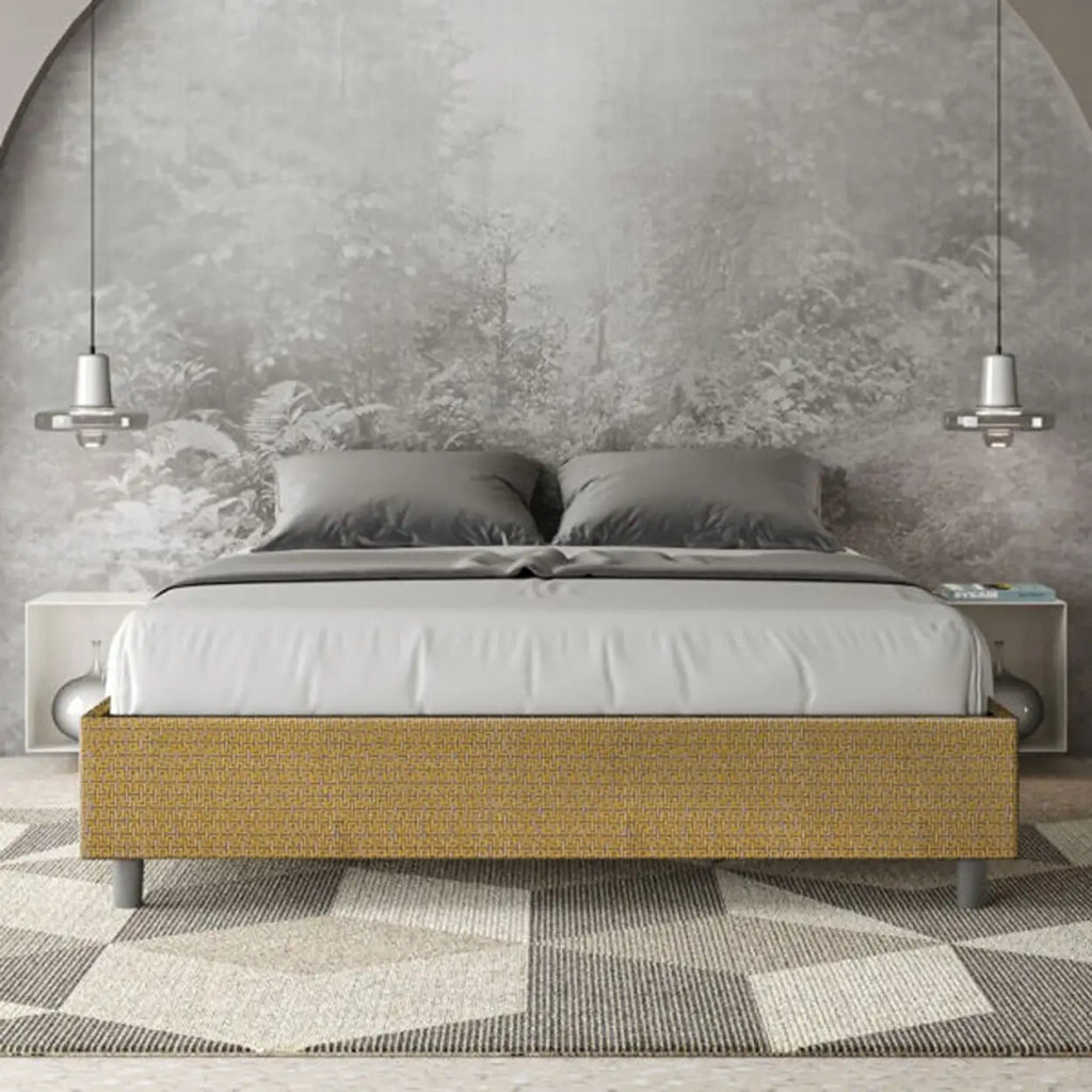 Letto matrimoniale con rete imbottito 160x190 tessuto Labirinto 6 giallo Azelia