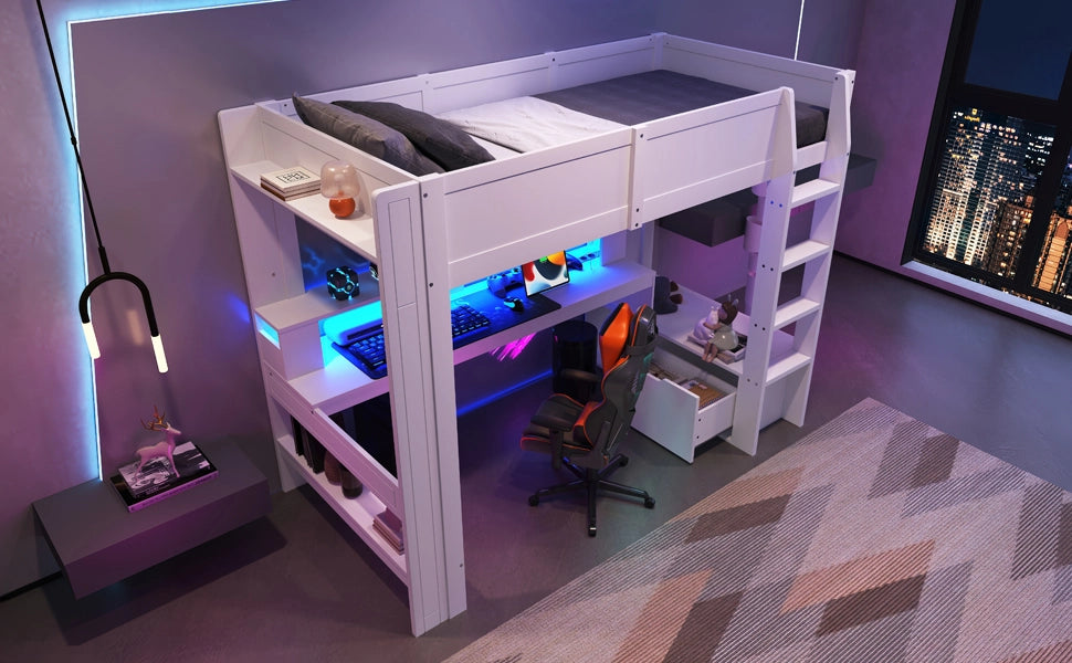 DESMIU Letto a soppalco letto singolo 90 × 200 cm con scrivania, cassetto, scaffali e LED, senza materasso, bianco