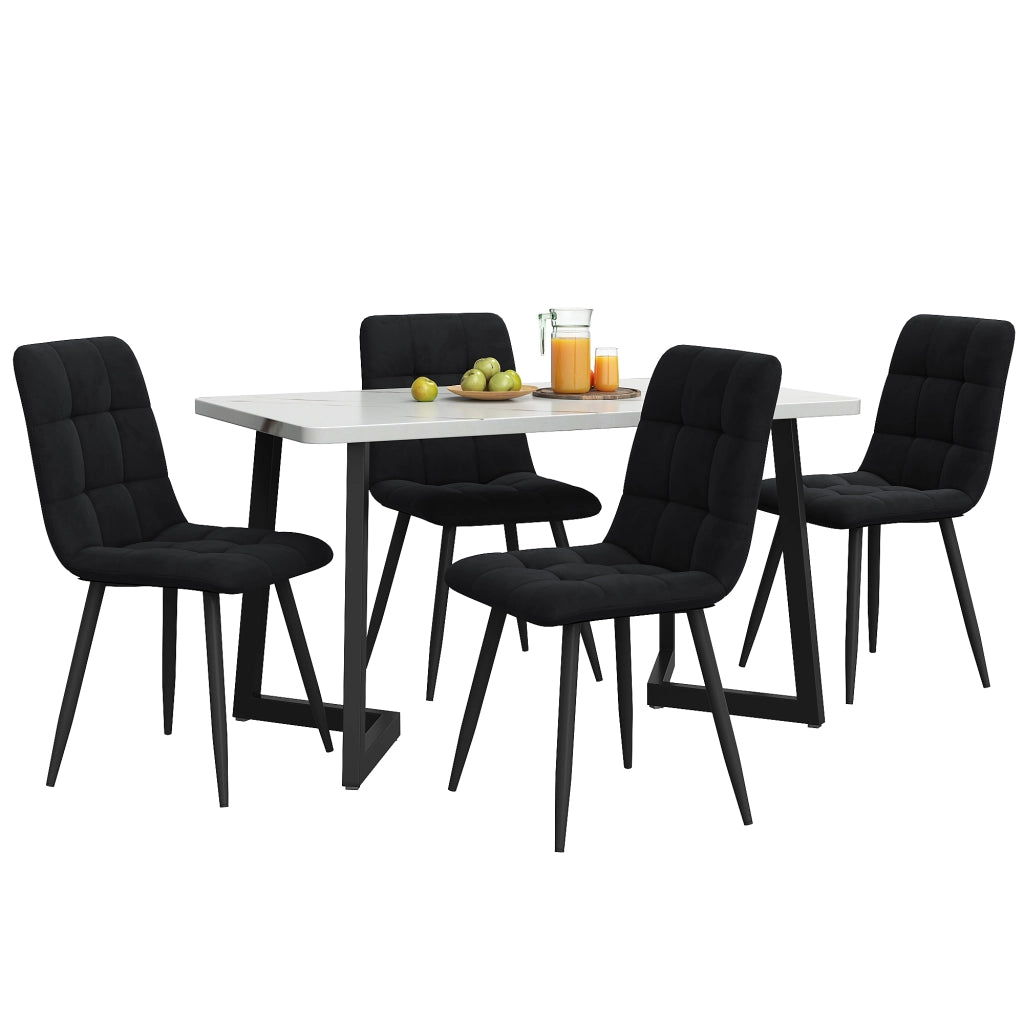 Tavolo da pranzo per 4 persone con 4 sedie, piano effetto marmo, per cucina e sala da pranzo, in MDF e velluto, nero