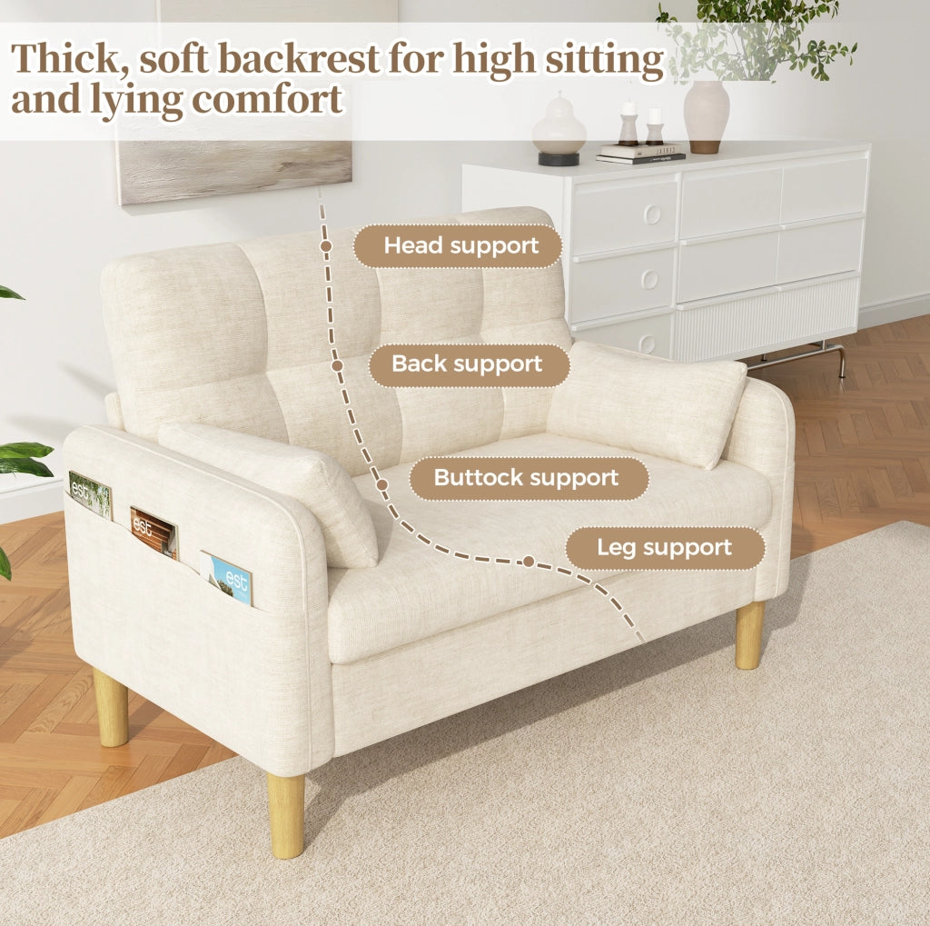 Divano 2 posti ULEVR 119x78x85 cm in ciniglia beige con 2 cuscini e tasca laterale