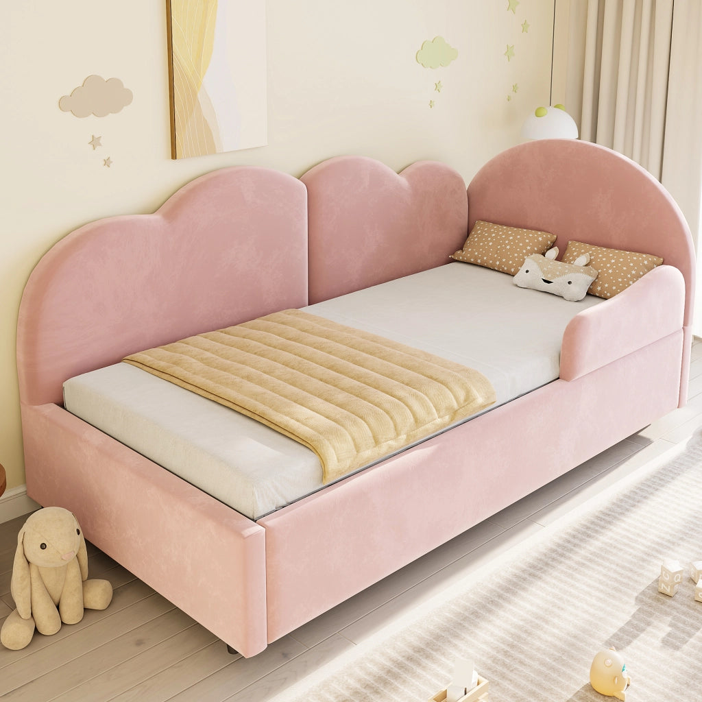 Letto imbottito L con letto estraibile e testiera a forma di nuvola in velluto rosa per camera da letto