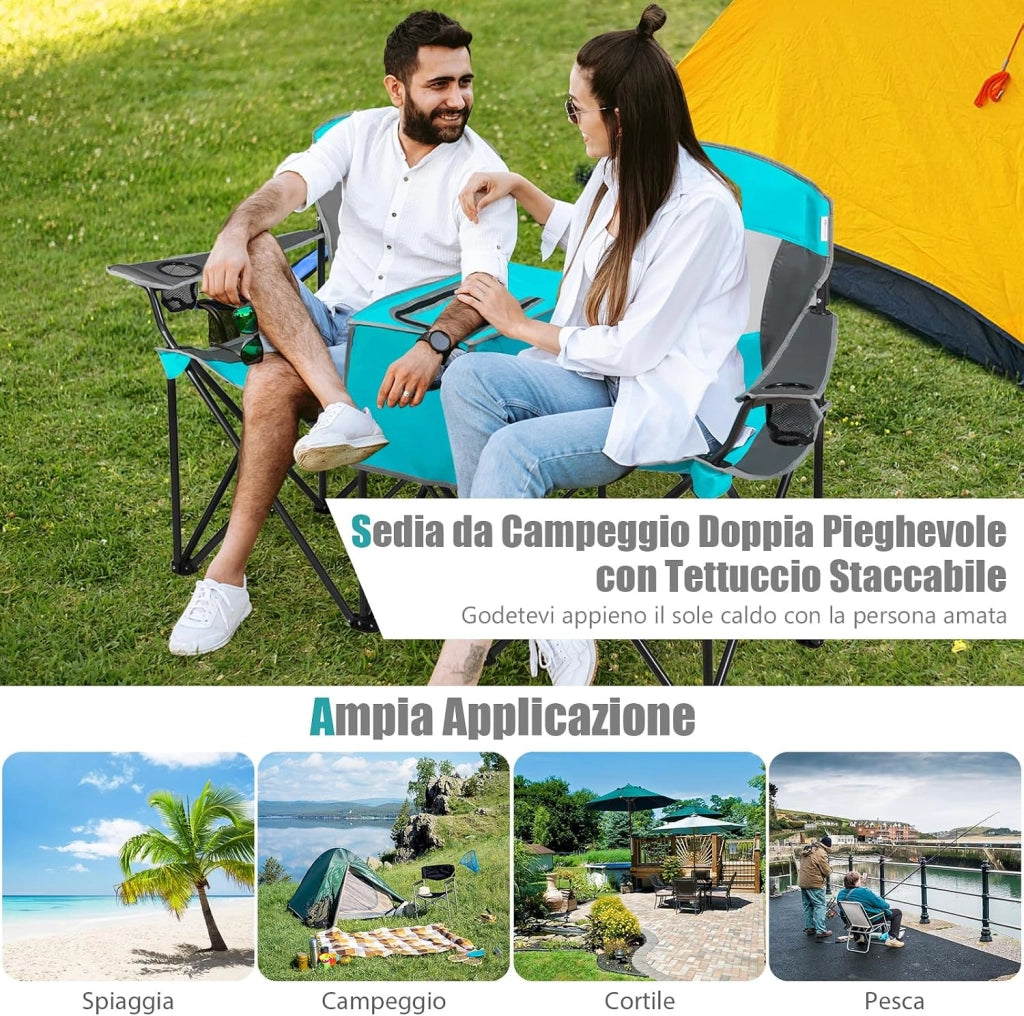 Sedie da Campeggio Pieghevoli, Panchina da Picnic a 2 Posti Regolabile con Tettoia, Sedia Portatile e Pieghevole per Campeggio, Spiaggia, Giardino (Blu Marino)