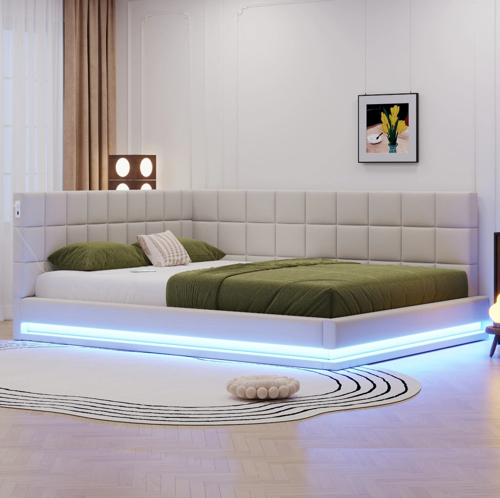 Divano letto imbottito 160x200 con luci LED; USB; rete a doghe; lino; beige